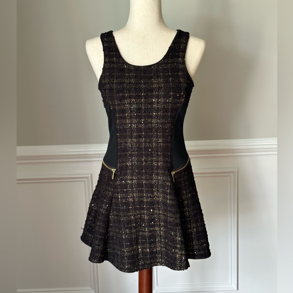 Nicole Miller Black with Gold Tweed Sleeveless Dress